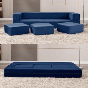 PUREMIND Velvet Folding Sofa Bed, Upholstered Floor Sofa Bed with 3 Ottomans, Fold Out Couch Bed with High-Density Foam, Convertible 2-in-1 Foldable Sleeper Sofa Bed for Guest Bedroom Living Room