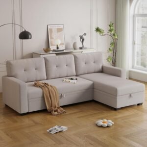 Jintop 82″ L-Shape Convertible Sleeper Sectional Sofa with Storage Chaise and Pull-Out Bed,Upholstered Reversible Corner 3 Seater Couch with Button Tufted Backrest & Armrest,for Living Room,Beige