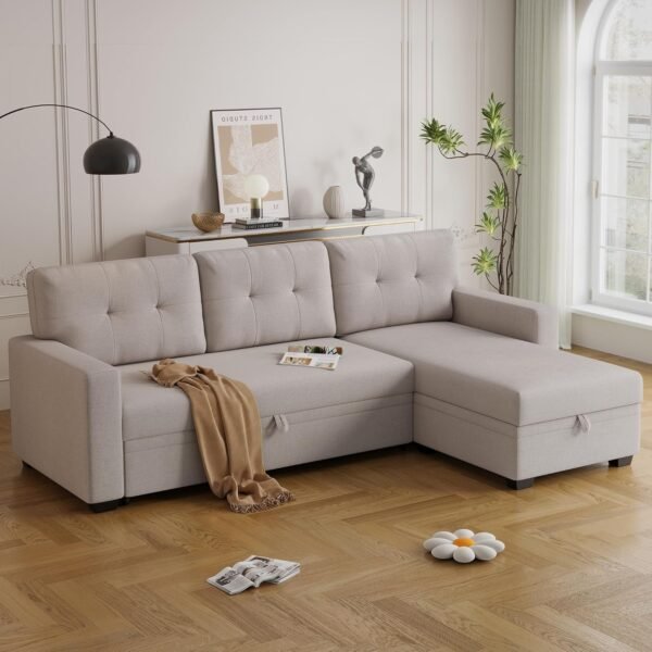 Jintop 82" L-Shape Convertible Sleeper Sectional Sofa with Storage Chaise and Pull-Out Bed,Upholstered Reversible Corner 3 Seater Couch with Button Tufted Backrest & Armrest,for Living Room,Beige