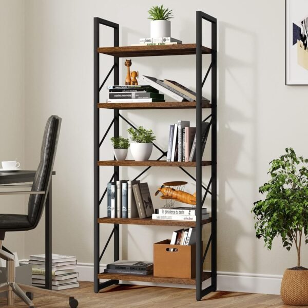 YITAHOME 5 Tiers Bookshelf, Artsy Modern Bookcase, Book Rack, Storage Rack Shelves Books Holder Organizer for Books/Movies in Living Room/Home/Office - Rustic Brown (FTOFBC-0016) - Image 4
