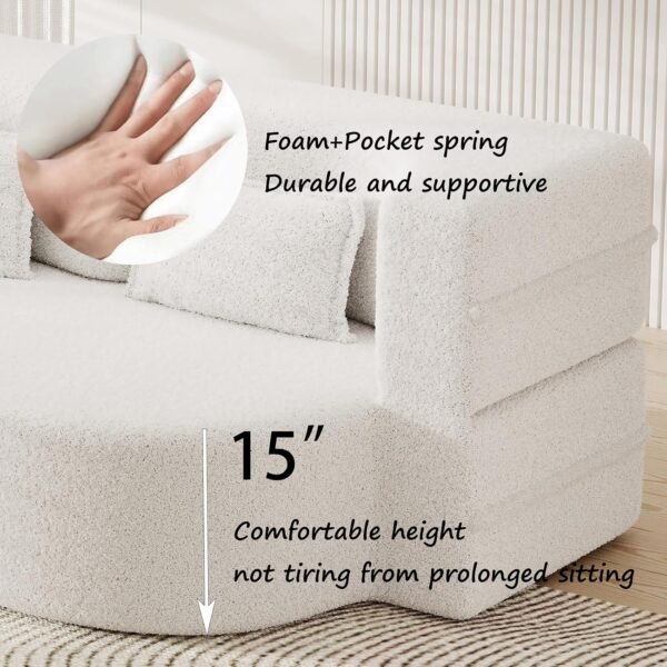 Folding Sofa Bed,15" Full Size Folding Mattress for Living Room,Convertible Teddy Fabric Foam-Filled Pocket Spring Sleeper Sofa Bed (Beige) - Image 4