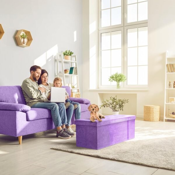 Sorbus Storage Ottoman Bench – Collapsible/Folding Chest with Cover – Perfect Toy and Shoe, Hope Chest, Pouffe Seat, Foot Rest, – Contemporary Faux Suede (Purple) - Image 4