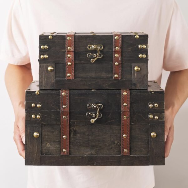Soul & Lane Vintique Wooden Chest Duo - Elegant Wood Storage Trunks with Lids & Vintage Charm (Set of 2), Antique Versatile Organizational Decor for Home & Office - Image 3