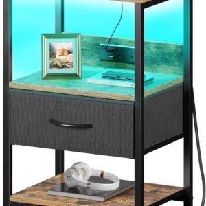 Seventable Nightstand with Charging Station, LED Bedside Table with Adjustable Fabric Drawer, Night Stand with Storage, 3-Tier Bed Side Table, End Table for Bedroom, Living Room, Rustic Brown