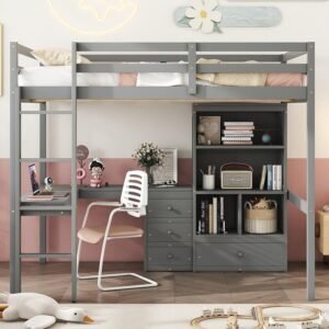 Full Size Loft Bed with L-Shaped Desk and Storage Bookshelf,Loft Bunk Bed with 4 Drawers and Shelves for Kids Adults Girls,No Box Spring Needed,Gray