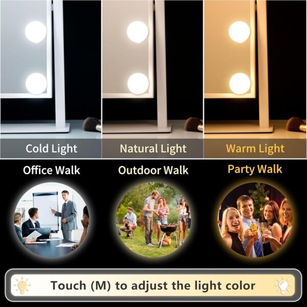 Vanity Mirror with Lights,Lighted Vanity Mirror with 9 Dimmable Bulbs for Dressing Room & Bedroom 3 Color Lighting Modes Detachable 10x Magnification 360°Ratation - Image 2