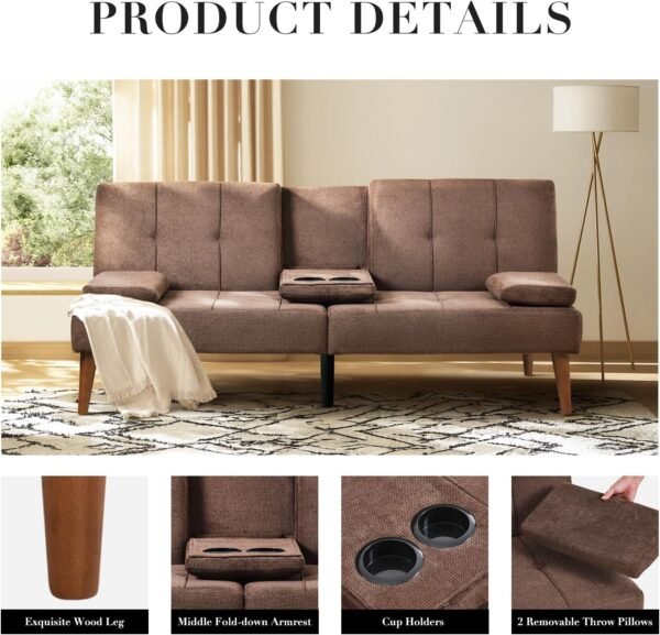 COLAMY Futon Sofa Bed-Fabric Small Futon Couch, Futon Lounge Sofa, Futon Convertible with 2 Cup Holders, Removable Soft Armrest, Adjustable Backrest for Dorm/Bedroom/College Brown - Image 6