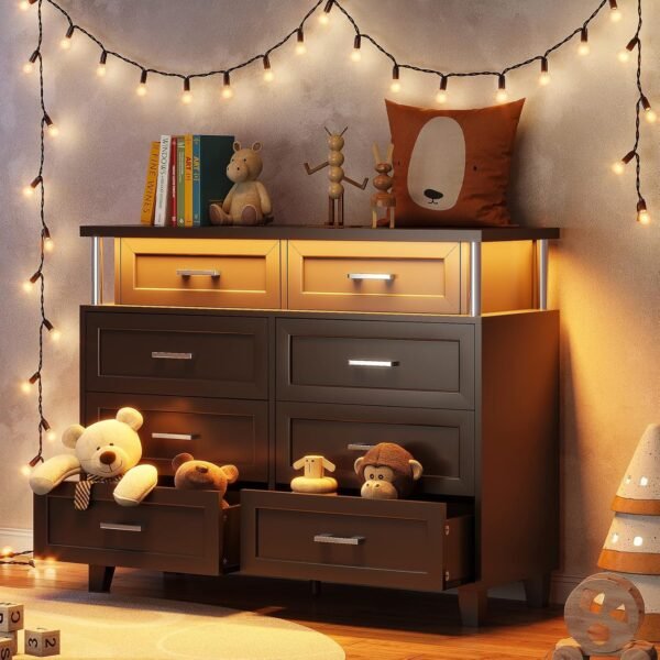 AOGLLATI Dresser for Bedroom with Column Design, Black Dresser with Cladding Process Design, 8 Drawer Short Modern Wide Bedroom LED Dresser for Bedroom - Image 6