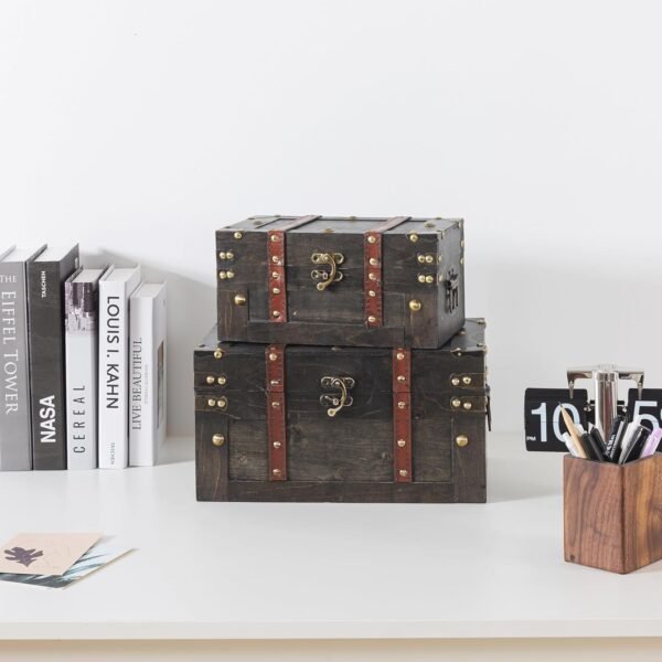 Soul & Lane Vintique Wooden Chest Duo - Elegant Wood Storage Trunks with Lids & Vintage Charm (Set of 2), Antique Versatile Organizational Decor for Home & Office - Image 2