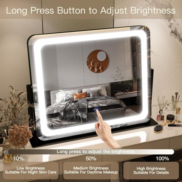 FENNIO Vanity Mirror with Lights 22"x19"LED Lighted Makeup Mirror,Large Makeup Mirror with Lights,Touch Screen with 3-Color Lighting,Led Mirror Makeup,Dimmable,for Vanity Desk Tabletop - Image 4