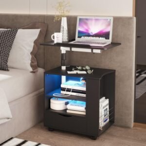 dnbss LED Nightstand with Charging Station, Swivel Top Bedside Table with Wheels, Smart Night Stand with Laptop Table Workstation for Bedroom, Modern End Side Table (Black)
