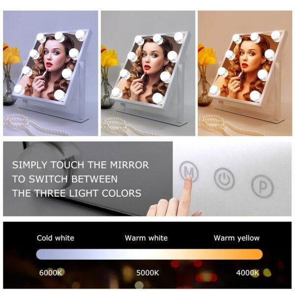 Hollywood Vanity Mirror with Lights, 360°Rotation Tabletop Makeup Mirror with 9 LED Lights Bulbs, Beauty Mirror with 3 Color Lighting Modes, Vanity Mirror for Bedroom, Touch Control, White - Image 3