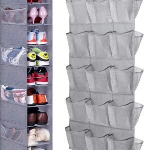 MISSLO 30 Large Pockets Dual Sided Hanging Shoe Organizer for Closet with Rotating Hanger and 10-Shelf Hanging Shoe Rack with Mesh Pockets for Shoes, Folded Clothes and Toys, Grey