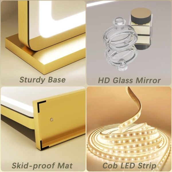 Gold Vanity Mirror with Lights, 32" x 22" Large Lighted Vanity Mirror with Dimmable 3 Modes, LED Makeup Mirror, 10X Magnification, USB Charging Port, Tabletop or Wall-Mounted - Image 8