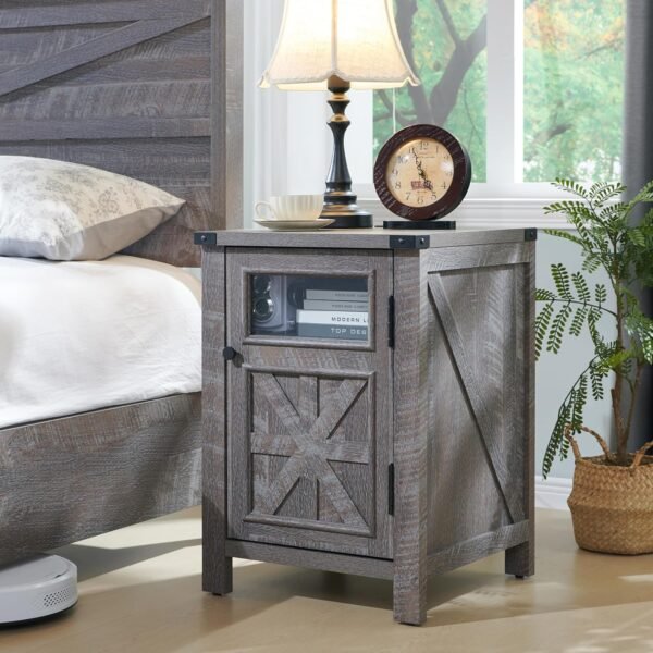 JXQTLINGMU Farmhouse End Table with Charging Station, 18'' Rustic Nightstand with Barn Door & Adjustable Shelf, Wooden Sofa Side Table with 3-Tier Storage for Living Room, Bedroom, Gray - Image 6
