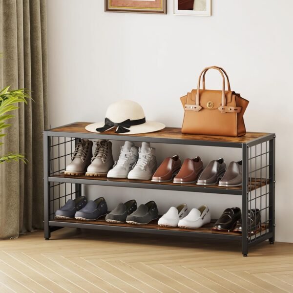 Homeiju Shoe Bench, 3-Tier Shoe Rack, Industrial Shoe Organizer Storage Bench, 30" Entry Bench with Wooden Shelves, for Entryway, Living Room, Hallway Front Door, Metal Frame, Rustic Brown - Image 4