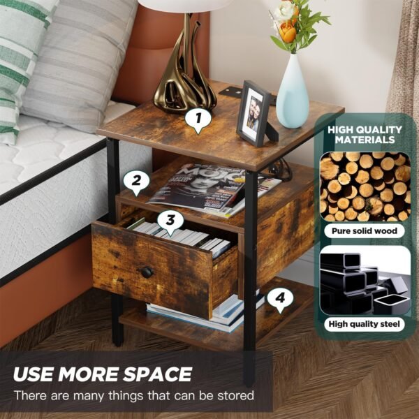PayLessHere Nightstand End Table Bedside Table with 1 Drawer Bedside Furniture with Charging Station and 2 USB Ports Power Outlets for Living Room Bedroom College Dorm (2, Brown, 15 * 15 * 22) - Image 6