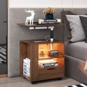 dnbss LED Nightstand with Charger Station, Swivel Top Bedside Table with Wheels, Smart Night Stand with Laptop Table Workstation for Bedroom, Modern End Side Table (Brown)