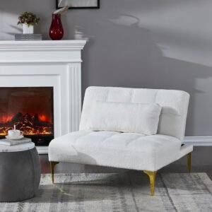 Convertible Sofa Bed Couch, Futon Sleeper Sofa with Gold Metal Legs, Teddy Fabric Loveseat with Adjustable Back for Living Room, Bedroom, Small Space