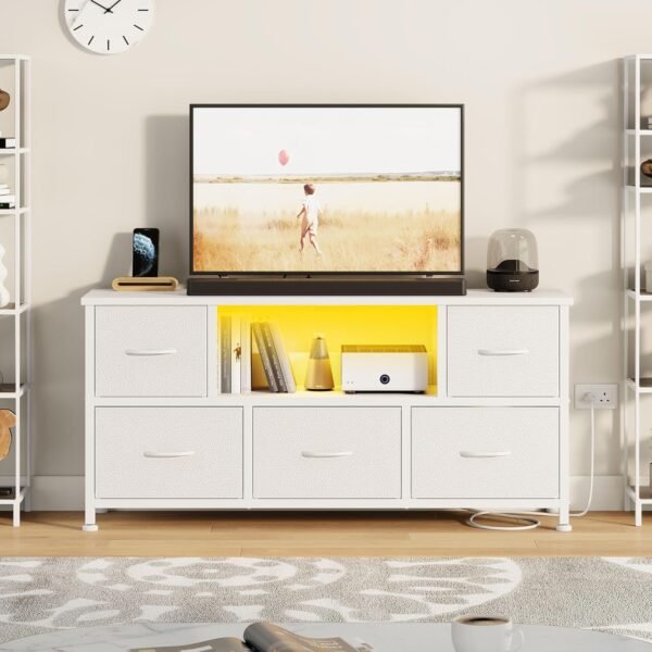 Lulive TV Stand Bedroom, White Dresser TV Stands LED, Small TV Stand with 5 Drawers Storage for 50 55″ TV, TV Stand Living Room w/Power Outlets, Open Shelve, Entertainment Center with Storage - Image 5