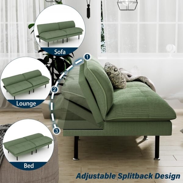 70" Futon Sofa Bed, 4-in-1 Multi-Function Couch Bed with Adjustable Backrest, Modern Convertible Futon, Recliner Love Seat Sleeper Sofa, Small Futon Couch for Living Room, Dorm, Green - Image 6