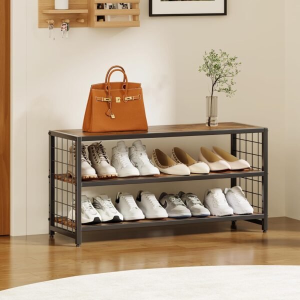 Homeiju Shoe Bench, 3-Tier Shoe Rack, Industrial Shoe Organizer Storage Bench, 30" Entry Bench with Wooden Shelves, for Entryway, Living Room, Hallway Front Door, Metal Frame, Rustic Brown