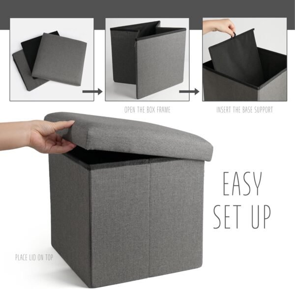 LotFancy Storage Ottoman Cube, Folding Square Ottoman Seat, Small Ottoman with Lid for Foot Stool and Foot Rest, Fabric Box Bin for Kids and Adults, 13x12x12'', Grey - Image 5