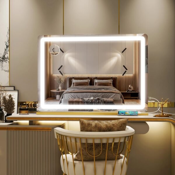 Gold Vanity Mirror with Lights, 32" x 22" Large Lighted Vanity Mirror with Dimmable 3 Modes, LED Makeup Mirror, 10X Magnification, USB Charging Port, Tabletop or Wall-Mounted - Image 2