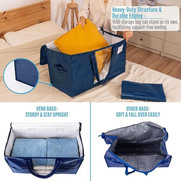 VENO 8 Pack Moving Bags, Comforter and Blanket Storage Bags for Closet, Moving Boxes, Boxes with Lids Alternative, College Dorm Packing Supplies, Foldable Heavy-Duty Tote with Window (Blue, 8 Pack) - Image 3