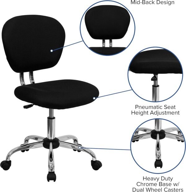 Flash Furniture Beverly Mid-Back Swivel Mesh Office Chair with Padded Seat, Height-Adjustable Ergonomic Padded Office Desk Chair, Black/Chrome - Image 5