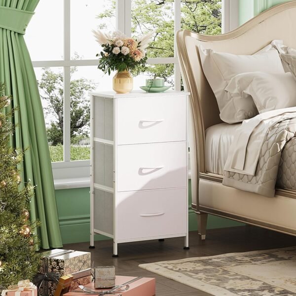 WLIVE Nightstand with 3 Drawers, Fabric Dresser, Organizer Unit, Storage Dresser for Bedroom, Hallway, Entryway, Closets, Sturdy Steel Frame, Wood Top, Easy Pull Handle, White - Image 2