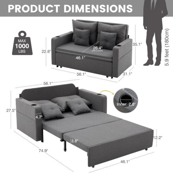 3 in 1 Pull Out Couch, 56 Inch Convertible Sleeper Sofa Bed, Loveseat Sofa with Cup Holders, Storage Pockets, USB, Sofa Couches for Living Room, Bedroom, Apartment, Deep Grey - Image 2