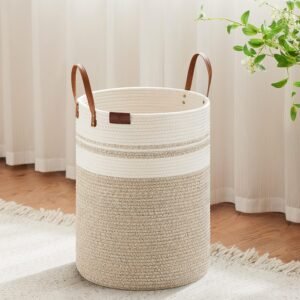 VIPOSCO Small Laundry Basket, Slim Baby Hamper with Leather Handle, Cute Woven Rope Storage Basket for Blanket, Kids Toy, Clothes In Living Room, Bathroom, Bedroom, Nursery Room – 30L Brown & White