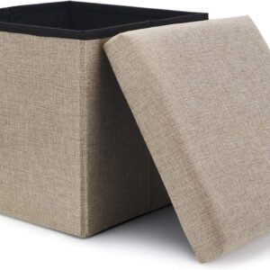 WoneNice Folding Storage Ottoman, Versatile Space-Saving Storage Cube Box with Memory Foam Seat, Max Load 100 kg Linen Beige 12 x 12 x 12 Inch