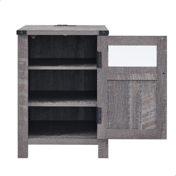 JXQTLINGMU Farmhouse End Table with Charging Station, 18'' Rustic Nightstand with Barn Door & Adjustable Shelf, Wooden Sofa Side Table with 3-Tier Storage for Living Room, Bedroom, Gray - Image 7