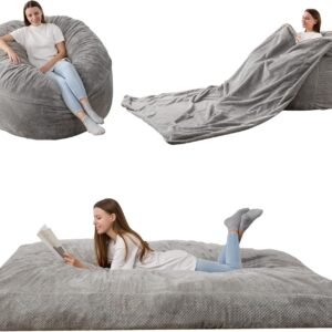 HABUTWAY Bean Bag Chair, Giant Bean Bag Chair with Washable Chenille Cover Ultra Soft, Convertible Bean Bag from Chair to Mattress, Huge Chenille Bean Bags for Adult, Couples, Family – Grey Queen