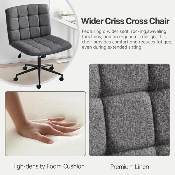 Furniliving Armless Office Desk Chair, Linen Fabric Padded Swivel Chair, Adjustable Home Office Chair with 360° Wheels, Wide Criss Cross Chair for Desk for Living Room, Bedroom, Darkgrey - Image 6