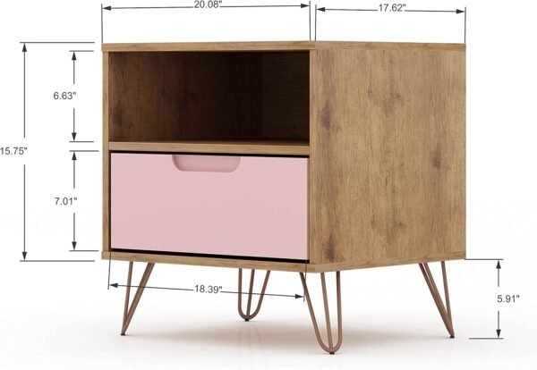 Manhattan Comfort Rockefeller Nightstands Set of 2 with Drawer and Cubby, Ideal for Bedroom and Living Room, Bedside Table with Mid Century Modern Design, Functional Storage Organizer, Pink - Image 3