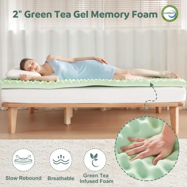Memory Foam Mattress Topper TwinXL, 4inch Dual Layer Cooling 2''Gel Green Tea Memory Foam & 2" PillowTop Mattress Pad, 8-21inch Deep Pocket, Egg Crate for Back Pain Relief - Image 2