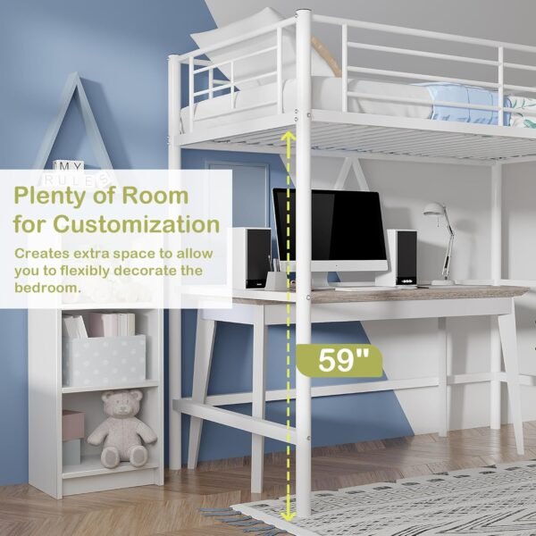 VECELO Metal Loft Bed Twin Size, Heavy Duty Bedframe with Removable Ladder and Safety Guardrail, Space-Saving, Noise Free, No Box Spring Needed, Off White - Image 3