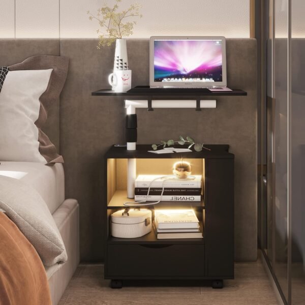 dnbss LED Nightstand with Charging Station, Swivel Top Bedside Table with Wheels, Smart Night Stand with Laptop Table Workstation for Bedroom, Modern End Side Table (Black) - Image 8
