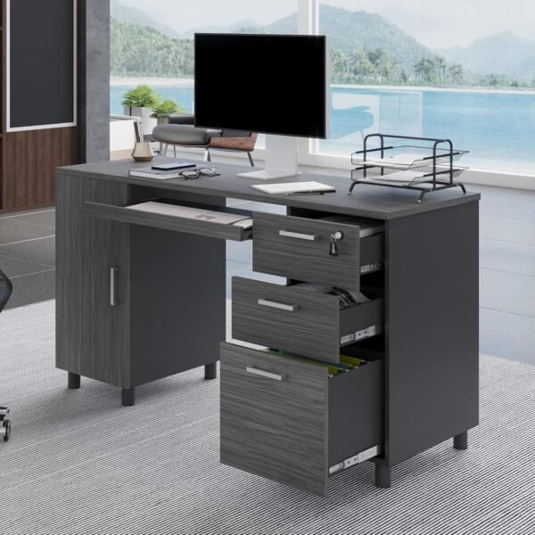 Modern Design By Crafts & comfort Venice Computer Desk - Office Desk with 3 Drawers & CPU Storage Cabinet - Laptop Workstation with Keyboard Tray & Cable Hole - Home & Office Supplies -Slate/Black - Image 4
