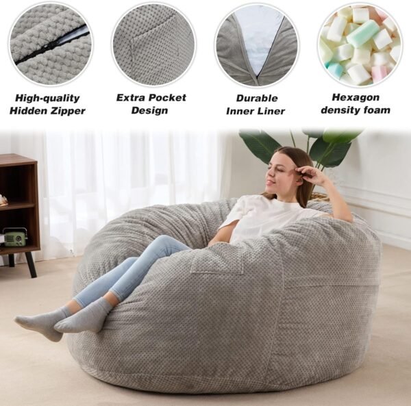 HABUTWAY Bean Bag Chair, Giant Bean Bag Chair with Washable Chenille Cover Ultra Soft, Convertible Bean Bag from Chair to Mattress, Huge Chenille Bean Bags for Adult, Couples, Family - Grey Queen - Image 5