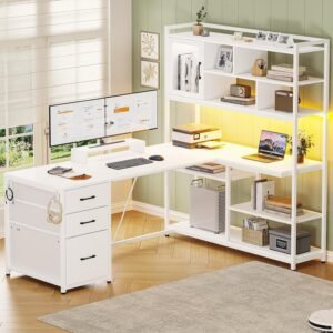 SEDETA L Shaped Computer Desk, 58” Office Desk with 3 Drawers and Bookshelf, L Shaped Corner Desk with Storage Shelves and LED Light for Home Office, Gaming Desk, L Desk, White