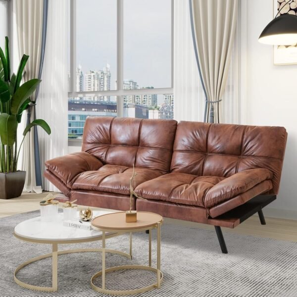 Maxspeed Sofa Bed Couch, Memory Foam Futon Sofa Bed with Mattress and Frame Included,Comfortable Brown Faxu Leather Loveseat Sleeper Sofa for Dorm Apartment Office College Small Space Bedroom - Image 9