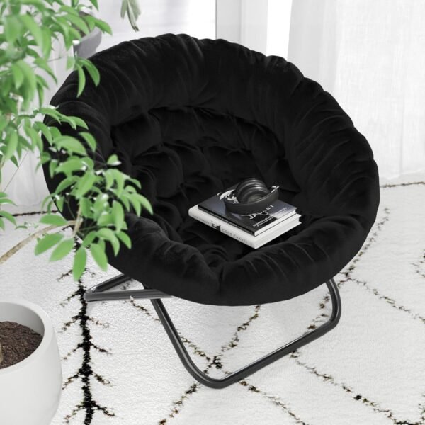 BizChair Oversize Folding Saucer Chair - Black Faux Fur Moon Chair - Black Metal Frame - 38" Portable Folding Chair - for Dorm and Bedroom - Image 6