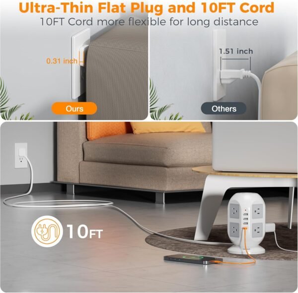 Tower Surge Protector Power Strip 10 ft, TESSAN Long Flat Extension Cord with Multiple Outlets, 8 AC Outlets with 4 USB Ports (1 USB C), Charging Station with Surge Protection, for Home Office Dorm - Image 2