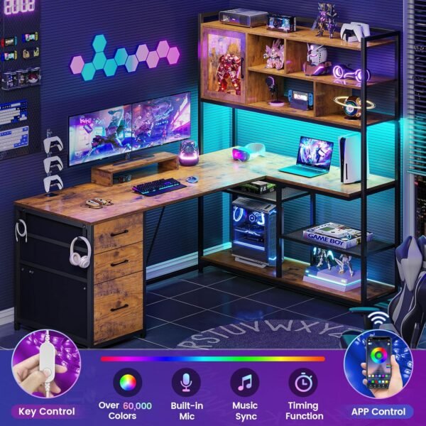 SEDETA L Shaped Computer Desk, 58'' Office Desk with 3 Drawers and Bookshelf, L Shaped Corner Desk with Storage Shelves and LED Light for Home Office, Gaming Desk, L Desk, Rustic Brown - Image 8