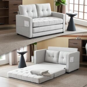 VINGLI Upgraded Loveseat Sleeper,53.5″ W 83″ L Convertible Sofa Bed Couch Futon Couches for Living Room, Folding Couch Bed for Small Spaces, Foldable Floor Gaming Sofa Bed for Basement, Light Grey