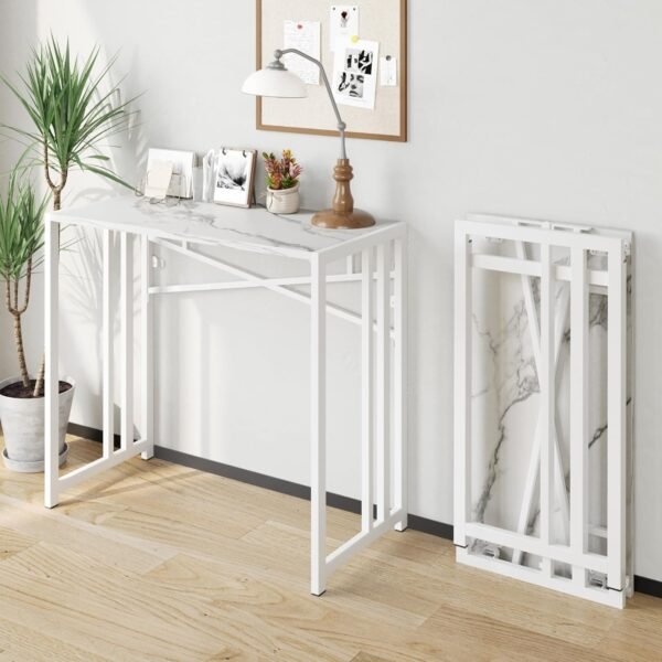 EMODA Folding Computer Desk 40 inch, No Assembly Needed Home Office Table Study Writing Gaming Desk, White Marble - Image 2